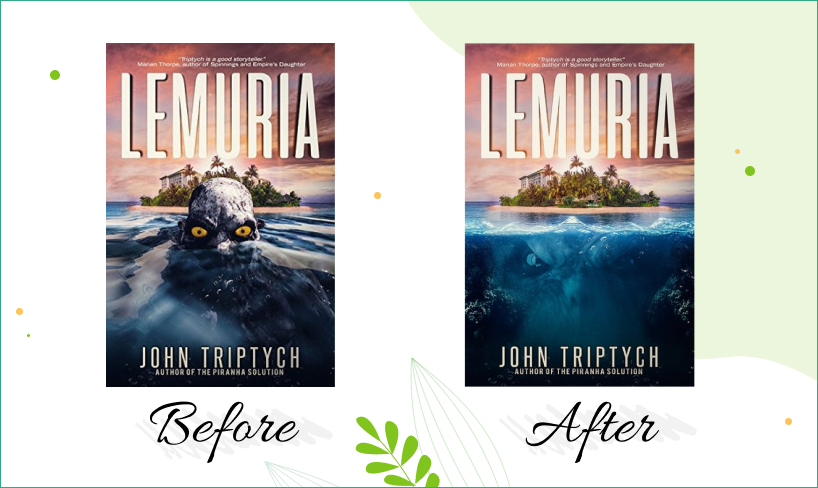 Lemuria book cover design before after