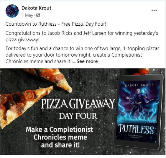 pizza giveaway dakota krout facebook author page