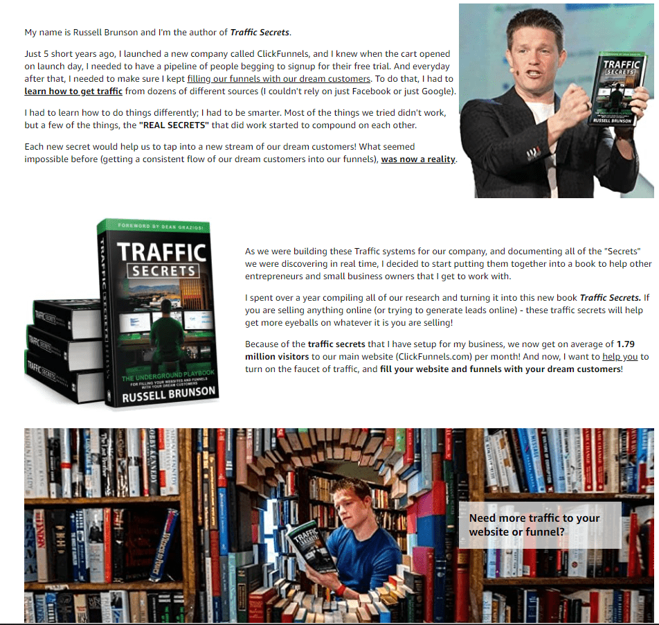 An example of A+ content that uses thre modules: text about the author left, image right; image left, about the book right; and a wide photo of the author 